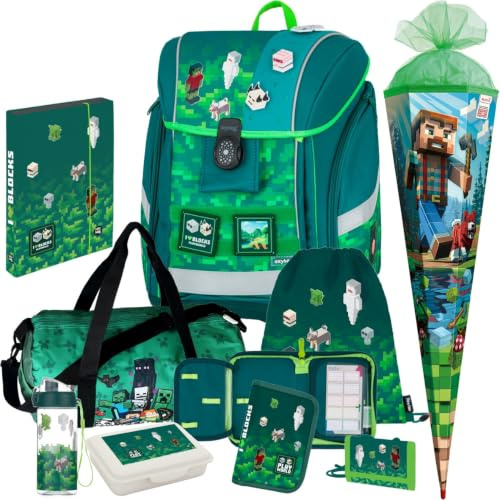 Pridera Playworld Gaming Pixel Oxb Premium Light Schulranzen-Set mit Brotdose, Trinkflasche, Heftbox, Brustbeutel (9tlg. mit Sporttasche und Schultüte)