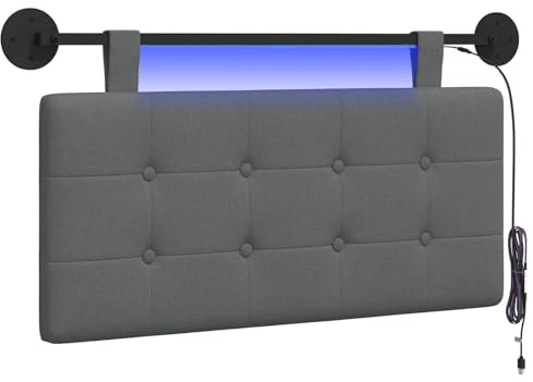 vidaXL Hängendes Kopfteil Mit LED Licht Dunkelgrau Stoff, Moderner, rechteckiger Polster-Kopfteil, Wandmontage, anpassbare Schlafzimmer-Deko, platzsparende Möbel Ideen