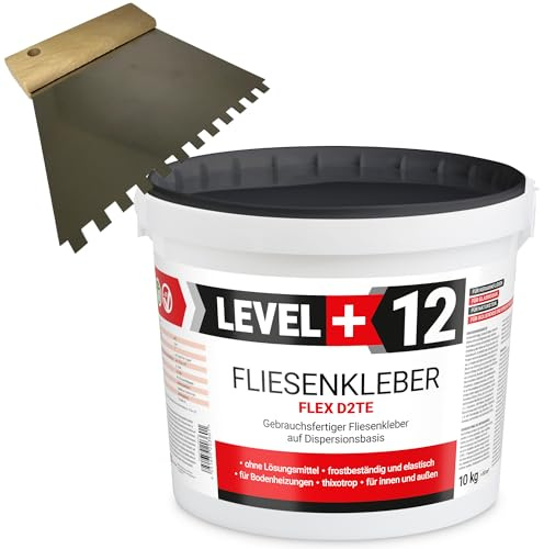 Level Plus 12 adesivi per piastrelle da 10 kg + spatola dentata da 6 mm in acciaio inox, colla per pietra, malta flessibile, colore bianco, set RM12