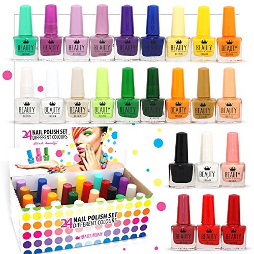 Beauty4Britain Nagellack-Set - 24 moderne Farbtöne - 5 ml - Bunte Verschlüsse - (Farbset B, 24 Flaschen)