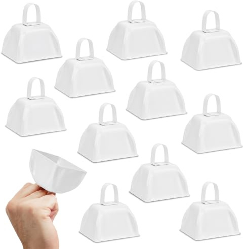 Blue Panda Kuhglocke Cowbell (Set, 12 Stück) - Laute Glocken mit Griffen - Zum Anfeuern bei Sportveranstaltungen wie Fußball, Marathon, Radrennen - Weiß, 7,6 x 7,1 x 6,3 cm