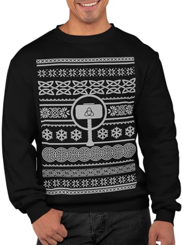 Thor Hammer Christmas Retro Ugly Sweater Holiday Graphic Sweatshirt (Black, Small)