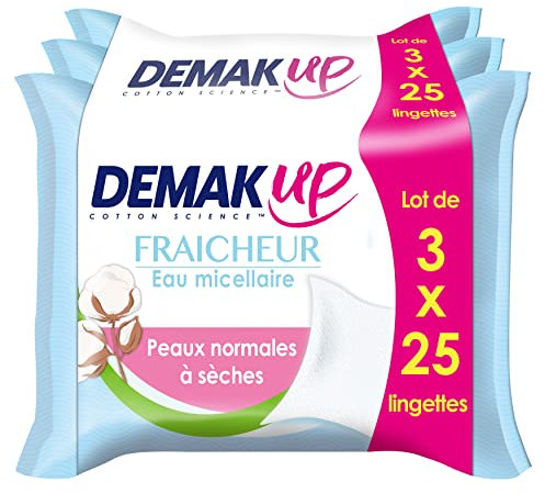 Demak'Up Fraîcheur Lingettes à démaquiller - Visage et Yeux - Peaux Normales à Sèches - 3x25 Lingettes démaquillantes