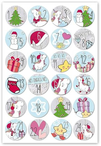 Weihnachtliche Einhorn-Aufkleber I Ø 4 cm I 24 Adventskalender-Zahlen-Aufkleber mit Einhorn-Motiv Nö für Mädchen I Weihnachtsaufkleber Set dv264