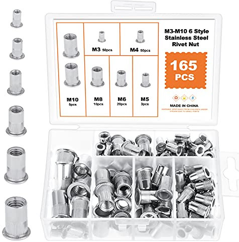 HSeaMall 165 PCS En Acier Inoxydable Rivet Écrou Outil Plat Tête Filetée Rivet Nutsert Cap Assortiment kit M3 M4 M5 M6 M8 M10 Types Nuts (6 Types 165PCS Stainless Steel Rivet Nut)
