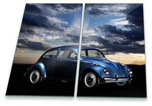 decorwelt | Herdabdeckplatten 2x30x52 cm Ceranfeld 2-Teilig Universal Elektroherd Induktion für Kochplatten Herdschutz Deko Schneidebrett Sicherheitsglas Spritzschutz Glas Auto Blau Oldtimer