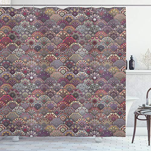 ABAKUHAUS marokkanisch Duschvorhang, Retro Aufwändige Mandala, Stoffliches Gewebe Badezimmerdekorationsset mit Haken, 175 x 180 cm, Lila Taupe
