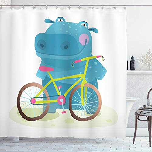 ABAKUHAUS Nilpferd Duschvorhang, Hippo Kind mit Fahrrad, Stoffliches Gewebe Badezimmerdekorationsset mit Haken, 175 x 200 cm, Blau Grün