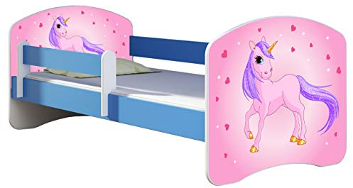 ACMA Kinderbett 180x80 cm Blau mit Matratze & Lattenrost – Jugendbett ab 3 Jahren mit Rausfallschutz, personalisiertes Motiv 17 Pony, stabiles Kinderbett für Kinderzimmer, belastbar bis 120 kg