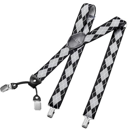 DonDon Hosenträger Herren extra stark kariert schwarz grau 3,5 cm Hosenträger Herren breit in Y-Form lang - Starke Clips passend für Anzug Jeans Chinos Vintage Rockabilly Suspenders