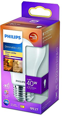 Philips LED Classic E27 WarmGlow Lampe, 40 W, Tropfenform, dimmbar, matt, warmweiß