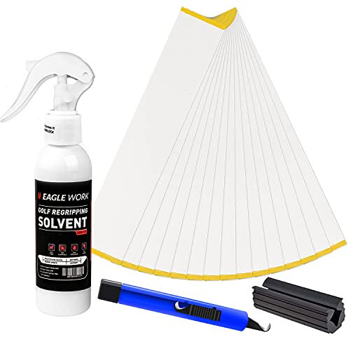 EAGLE WORK Golf Regriping Kits, 15 Paper-Backed Tapes, 5oz Solvent, Vise Clamp and Hook Blade