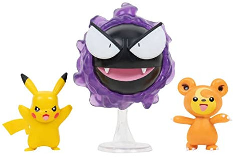 Pokémon PKW2347 - Battle Figure Set - Teddiursa, Pikachu, Nebulak, offizielle bewegliche Figuren, 5 cm Teddiursa und Pikachu, 7,5 cm Nebulak
