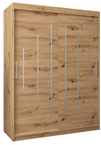 Kryspol Schwebetürenschrank York 150 cm Kleiderschrank mit Kleiderstange und Einlegeboden Schlafzimmer- Wohnzimmerschrank Schiebetüren Modern Design (Artisan Eiche)