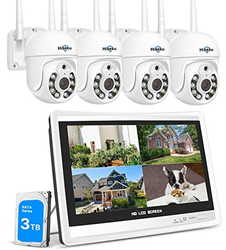 Hiseeu 【5MP+3TB】 5MP Kit Camaras de Vigilancia WiFi Exterior con 12'' de Monitor,10CH NVR 4X5MP PTZ Cámara de Seguridad,Detección de Movimiento,Visión Nocturna Color,Alarma Sonora,Teléfono/PC Remoto.