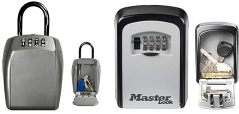 Master Lock Boite a clef sécurité renforcée, A Anse, Extérieur, 18.8 x 10.5 x 4.6 cm & Boite a clef sécurisée, Fixation murale, Extérieur, 11.9 x 8.5 x 3.6 cm, Gris/Noir