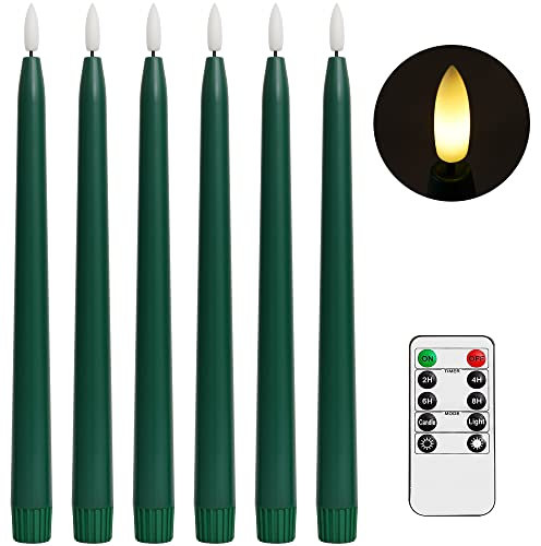 Stmarry Green Flameless Taper Candles with Remote Control - 11 Inch LED Candlesticks Battery Operated, Realistic 3D Flame with Wick, Timer, Christmas Decor - Set of 6