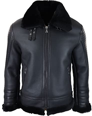 TruClothing.com Herren Lederjacke Echtes Schaffell Fliegerjacke Reißverschluss Pilot Schwarzer Warmer Schafsleder Mantel - schwarz S