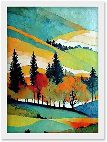 Wee Blue Coo Colourful Autumn Landscape Scotland Hillside Forest Oil Painting Artwork Framed Wall Art Print A4