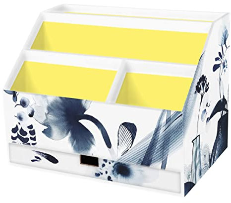 Clairefontaine 115938C - Un Porte-Lettres en Carton avec tiroir 24x16x18 cm - Motif Floral Peint à l'Encre Bleue - Papier finition satiné - Home Office - Collection Inkebana