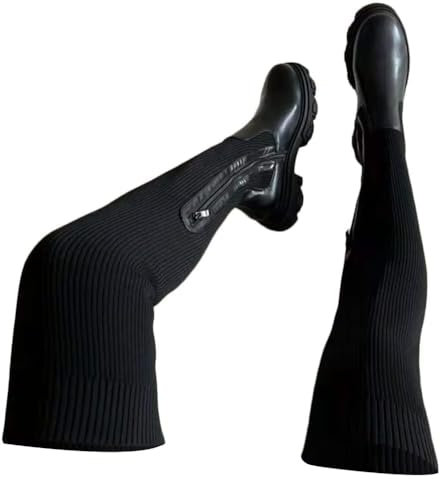 ticticlily Stivali Alti con Plateau per Donna Stivali Alti sopra Il Ginocchio Elasticizzata Lavorata a Maglia alla Moda Stivali Alti Lunghi Antiscivolo Invernali A Nero 40 EU