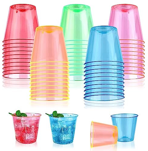 Shotgläser, 35ml 50 Stück Wiederverwendbare Shotgläse, Plastik Schnapsgläser, Schnapsbecher, Trinkbecher Transparent, Partybecher, Hartplastik Neon Partybecher für Verkostung, Partys, Geburtstage