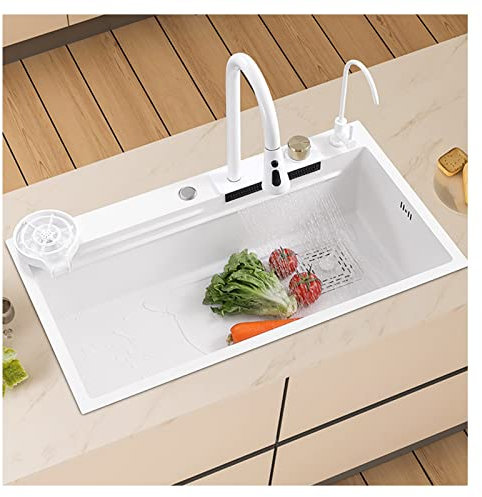 Fregaderos Modernos Para Cocina, Fregadero Cascada Fregadero Sobre Encimera Lavadora De Vidrio Enjuagadora Fregadero Un Seno Acero Inoxidable Para Garaje Bar Restaurante Lavadero (Color : Wit, Size