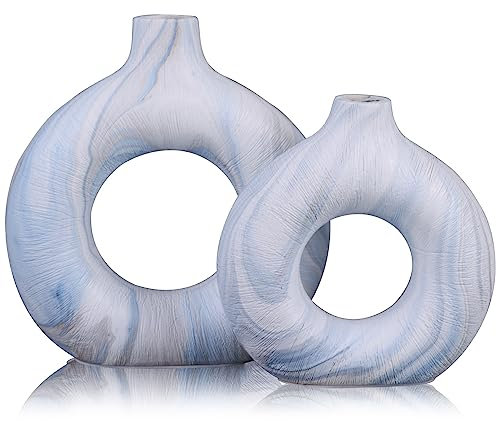 QIANLING Keramikvase, 2er-Set, moderne runde Dekoration, Donut-Keramik-Blumenvase, rustikale Vintage-Tischdekoration für Wohnzimmer, Esszimmer, Küche, Boho, Bauernhaus, Blumendisplay, Hochzeit und