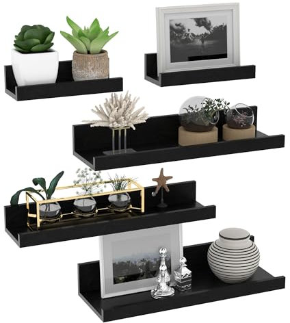 Giftgarden 40cm Lang Wandregal Holz, Schwarz Kleine Schweberegal Bilderleiste für Wohnzimmer, Küche, Kinderzimmer, Schlafzimmer oder Büro - 5 Stück mit Verschiedenen Größen
