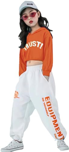 LOLANTA 2 Piezas de Ropa de Baile Callejero para niña Hip Hop, Sudadera Corta + Pantalones de chándal, Naranja, 13-15 años, 170