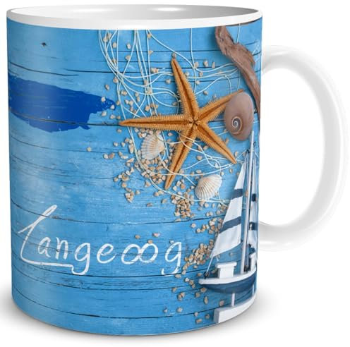 TRIOSK Tasse Langeoog Nordsee Insel Souvenir Geschenk Maritim für Reiselustige Nordseeliebhaber Frauen Männer Büro Kollegen, Keramik 300ml