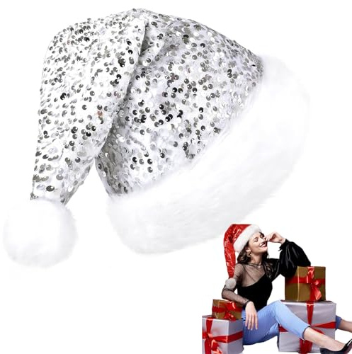 Silberfarbene Pailletten-Weihnachtsmütze, 35 x 45 cm, klassische Weihnachtsmütze, Samt, Plüsch, Weihnachtsmannmütze, Unisex, Weihnachtskostüm, Weihnachtsmütze, Weihnachtsmütze, Weihnachtsfeierhüte für
