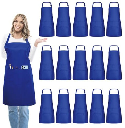 IMERAGO Schürze für Erwachsene, mit Taschen, verstellbar, für Damen und Herren, Malerei, Kochen, Basteln, 15 Stück (S/L), Blau, Large