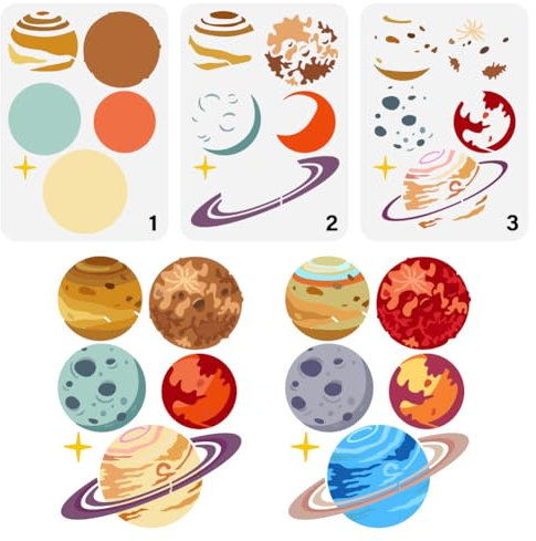 FINGERINSPIRE 3PCS Pochoir de Peinture de Planète en Couches 21x29.7cm Plastique PET Motif de Planète pour Peinture la Terre Saturne Mars Étoile Modèle de Dessin pour la Maison le Mur les Meubles