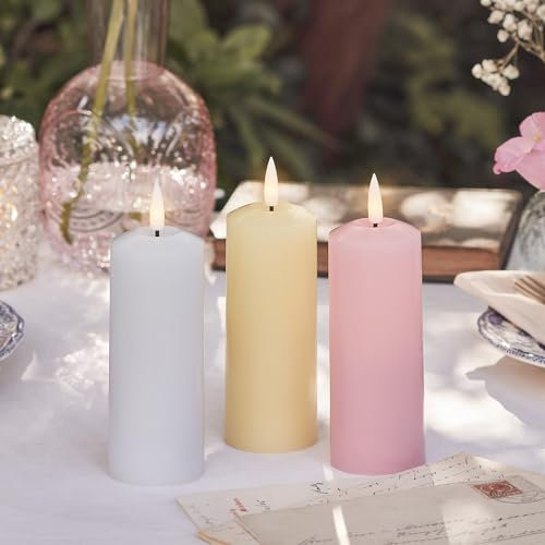 Lights4fun 3er Set LED TruGlow® Kerzen Schmal Pastell Kerzen mit Fernbedienung und Timer Osterdeko Frühlingsdeko Muttertagsgeschenk Kerze