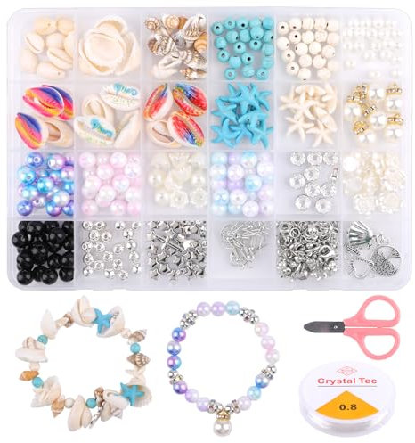 Vaktop Muscheln zum Auffädeln, Muschel Perlen mit Elastischer Faden und Schere, Bohemian Bastelnmuscheln mit Löcher, Muschel Türkis Perlen für DIY Schmuck Strand Armband Ohrringe Halskette