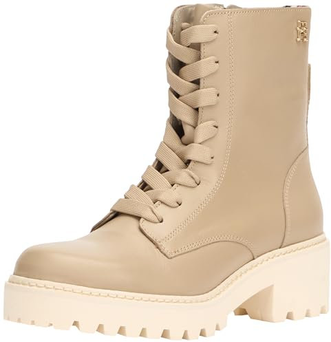 Tommy Hilfiger Donna Stivali Mezza Gamba Chic Mid Heel Leather Lace-Up con Tacco, Beige (Beige), 41