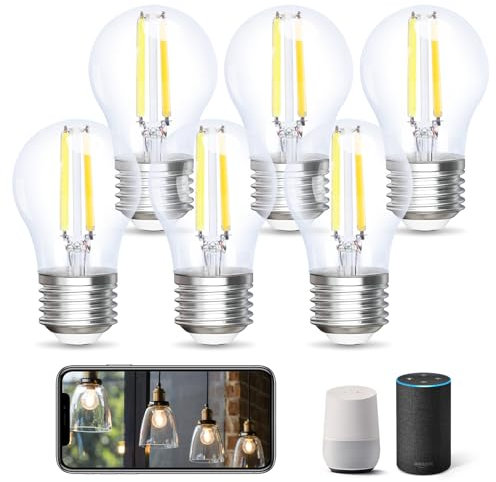 Aigostar Alexa Glühbirne E27, Smart LED Vintage Lampe, Smarte Glühbirne G45 Transparent Globe, 4.5W 470LM, Warmweiß Dimmbar 2700K -6500K, Kompatibel mit Alexa und Google Home, 6 Stücke