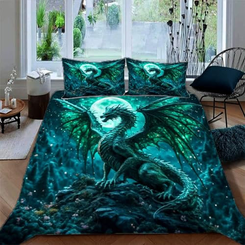 Ruiqieor Bettwäsche 135x200cm,Grüner Drache Motiv Bettwäsche Set 3teilig,1 Bettbezug+2 Kissenbezug 80x80 cm,3D Tier gedruckte Junge Mädchen Bettwäsche(#3)