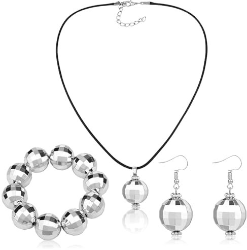 Cozevdnt 3 Stück Discokugel Ohrringe Armband Halskette Set, Discokugel Spiegelkugel Schmuck Set, Disco Accessoires für 70er 80er Jahre Disco Kostümparty Bekleidung Damen, Silber