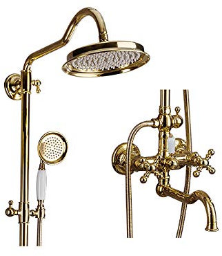 Klassisches 8-Zoll-Dusch-Kombi-Set, wandmontiertes goldenes Badezimmer-Duscharmatur-Set mit Regenduschkopf, Handbrause, schwenkbarem Badewannenhahn