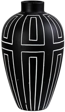 Olly & Rose Nile Charocal with Etched White Lines Ceramic Vase - 20 x 20 x 34.5cm Large Flower Vase Contemporary Home Décor Table Vase