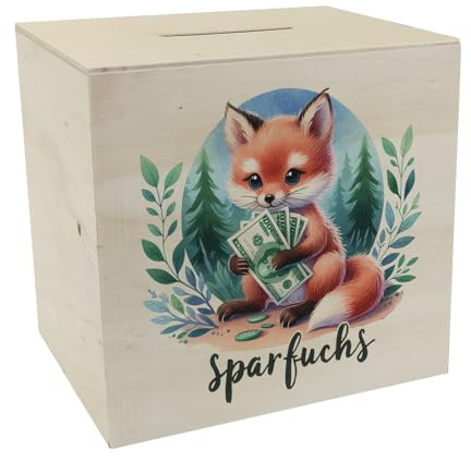 Babyfuchs Spardose aus Holz mit Spruch Sparfuchs niedliche Babyfuchs-Pfoten im Wald ideal für Geldscheine - perfekt zum Sparen