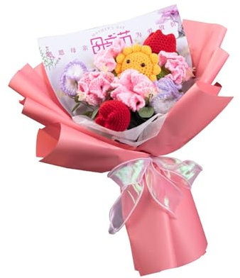 Blumenstrauß mit LED-Lichtern, gehäkelt, Blumenstrauß für Muttertag, künstliche Nelken, Blumenstrauß