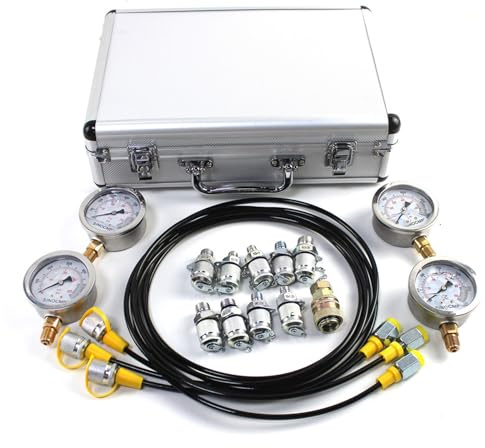HARIPYER Hydraulic Pressure Test Gauge Kit with 4 Gauges 10/25/40/60 Mpa, 9 Couplings and 3 150cm Long Test Hoses, Pressure Gauge Diagnostic Tool for Excavators, with Silver Aluminum Alloy Case