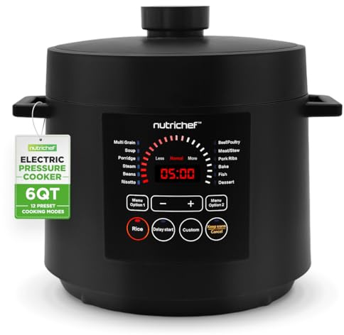 NutriChef Electric Pressure Cooker 6 Quart Capacity | 9 Function Digital Countertop Pressure Cooker | Adjustable Time & Temperature | Cook, Bake, Steam, Broil, & Braise | 13.1 x 11.4 IN | Black
