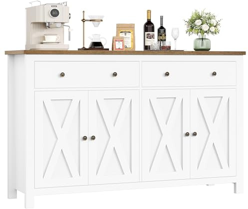 FirFurd Buffet 140cm Meuble Cuisine Rangement avec Portes/Tiroirs Blanc | Étagères réglables, Grand volume, Structure robuste, Charnières douces, 140x40x89cm, Pour salon salle à manger entrée