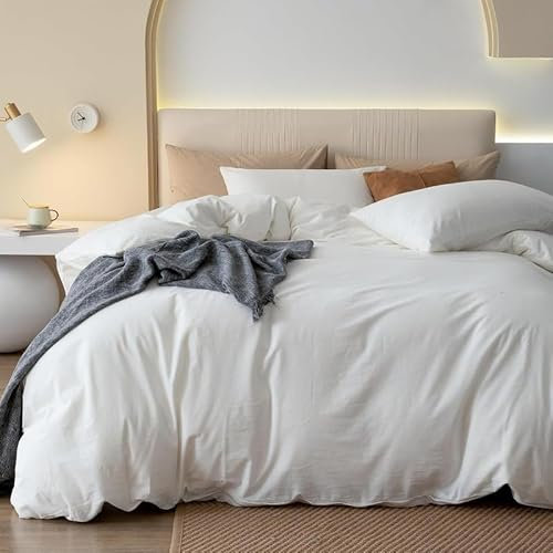 Gezu Baumwolle Bettwäsche 135x200cm Creme Weiß 4Teilig Einfarbig Uni Ästhetik Doppelbett Weich Baumwollbettwäsche Wende Bettwäsche Bettbezug 135x200cm und 2Kissenbezug 80x80 mit Reißverschluss