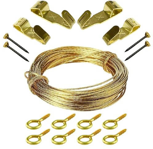 Brass Picture Hanging Kit 3m Wire (6kg Max Load) - Includes Screw Eyes, Heavy-Duty Picture Hooks & Brass Pins | Secure DIY Frame & Mirror Mounting Set