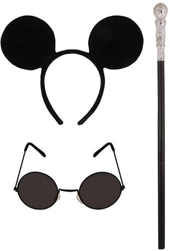 jokeshop 3 Piece Blind Mouse Set (Black Ears, Black Glasses & Cane) Adults Animal Headband Accessory Rat World Book Day Adult Fancy Dress Fairytale Three Blind Mice